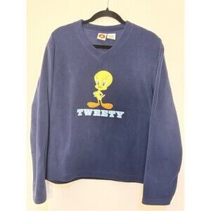 Vintage Looney Tunes Tweety Bird Fleece V-Neck Sweater Navy Blue Pullover Size L
